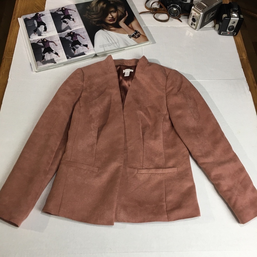 Chico’s Faux Suede Blazer Size 0 Brown Collarless Open Front Jacket